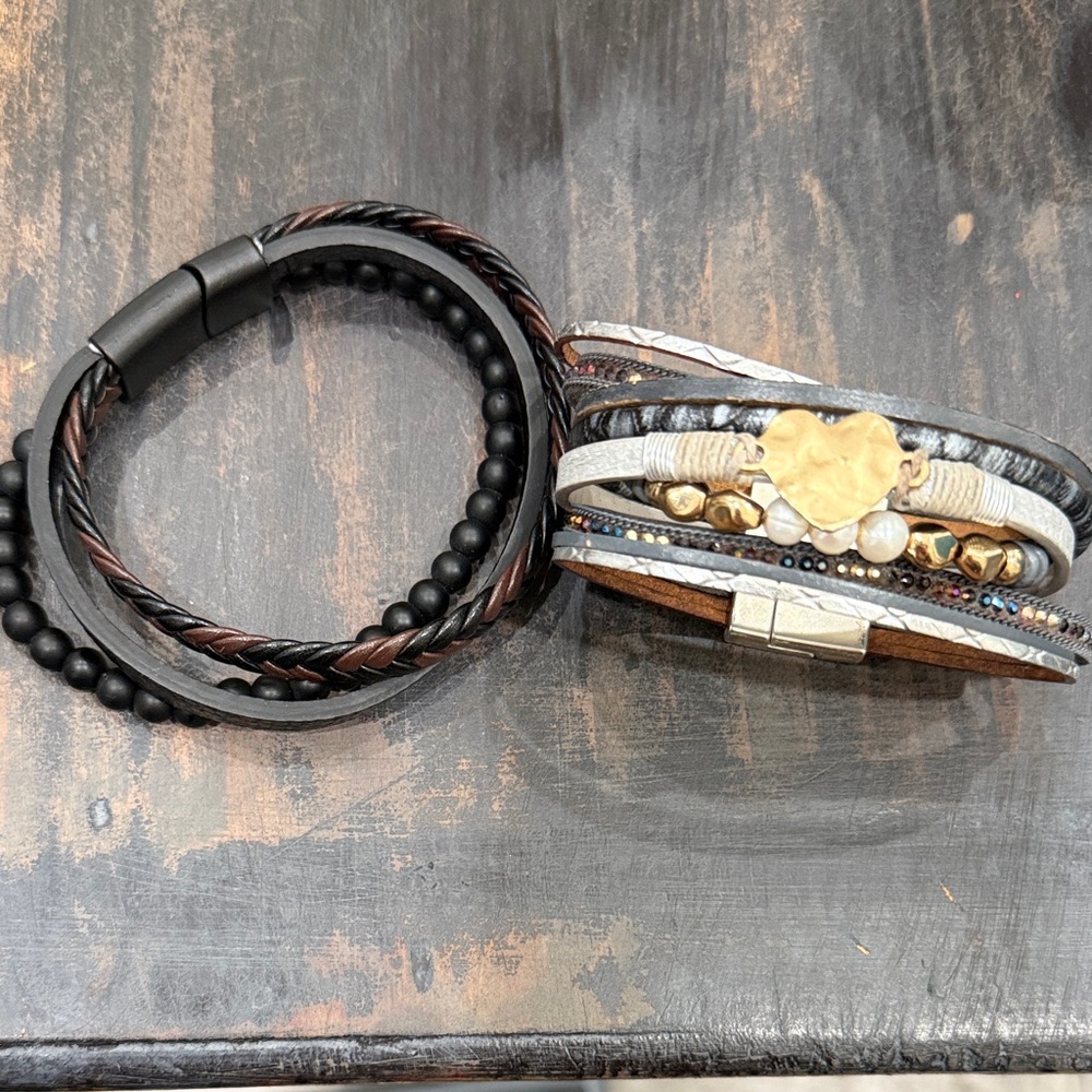 Men's and Women's Black and Brown Bracelet Set and Silver Set